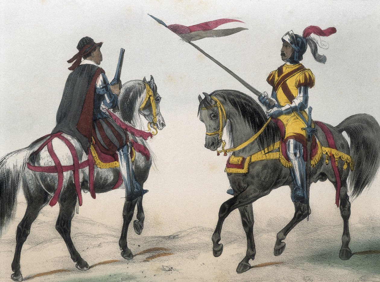 DE SOTTO, Serafin Maria, Conte di Clonard (1793 - 1862). Historia organica de las armas de Infanteria y Caballeria espanolas. 1851 - 1859. Cavalieri durante il regno di Filippo II di Spagna. "Heraldo de caballeria" (araldo delle armi) e "hombre de armas" ( da Spanish School