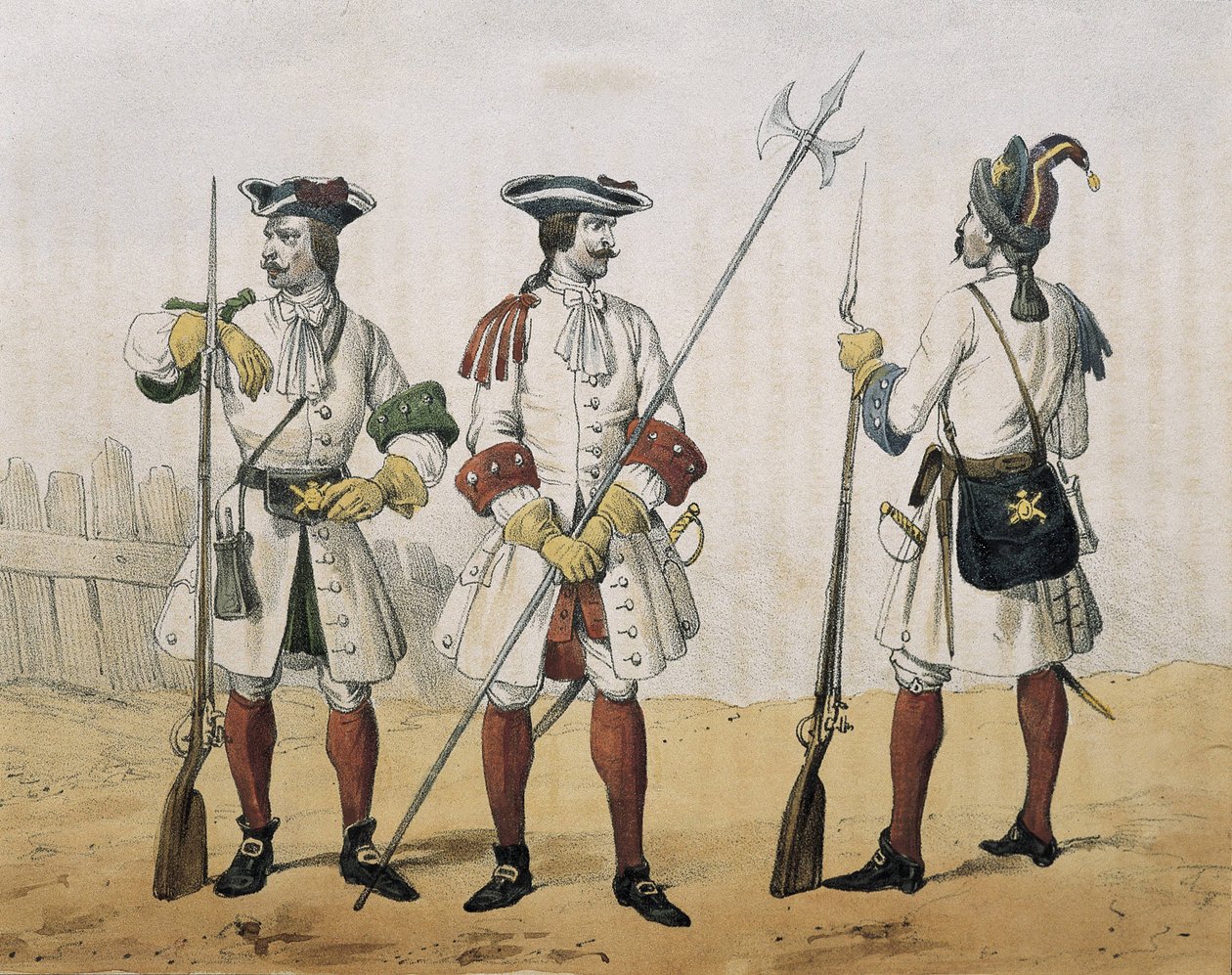 Historia organica de las armas de Infanteria y Caballeria espanolas. Fanteria di linea durante il regno di Filippo V di Spagna. Fuciliere, sergente e granatiere (1707-1718). Litografia. SPAGNA da Spanish School