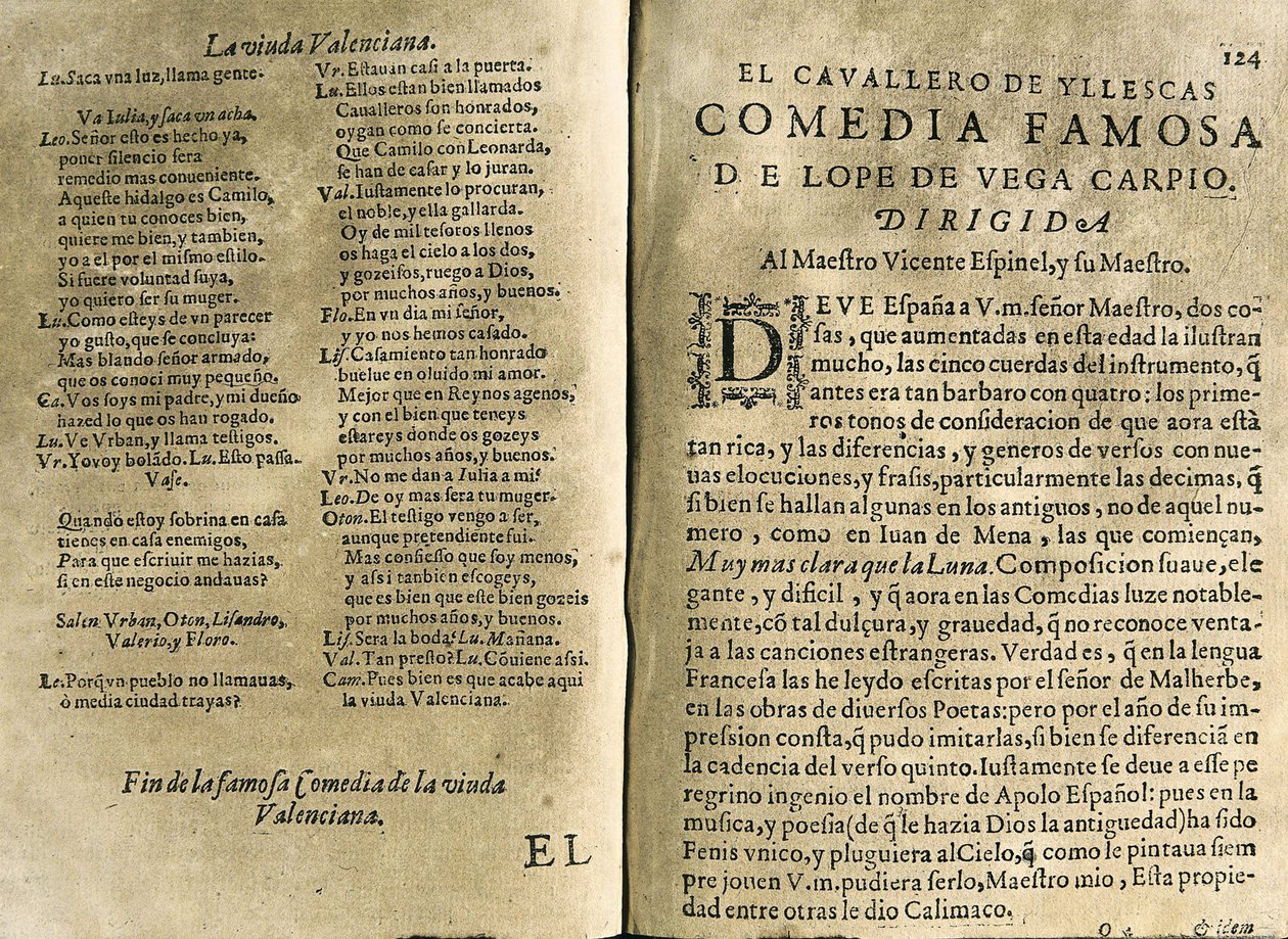 ESPINEL, Vicente (1550-1624). Musicista e poeta classico spagnolo.; VEGA CARPIO, Felix Lope de (1562-1635). "El cavallero de Yllescas", commedia inclusa in "Parte catorze de las comedias de Lope de Vega", raccolta pubblicata a Madrid dalla vedova di Fernan da Spanish School