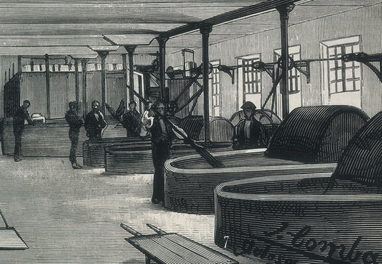 Economia (XIX secolo). Fabbrica di carta in Spagna "La Guipuzcoana". Sala dei cilindri e lavanderia della fabbrica situata a Tolosa (Guipuzcoa). Incisione da Spanish School