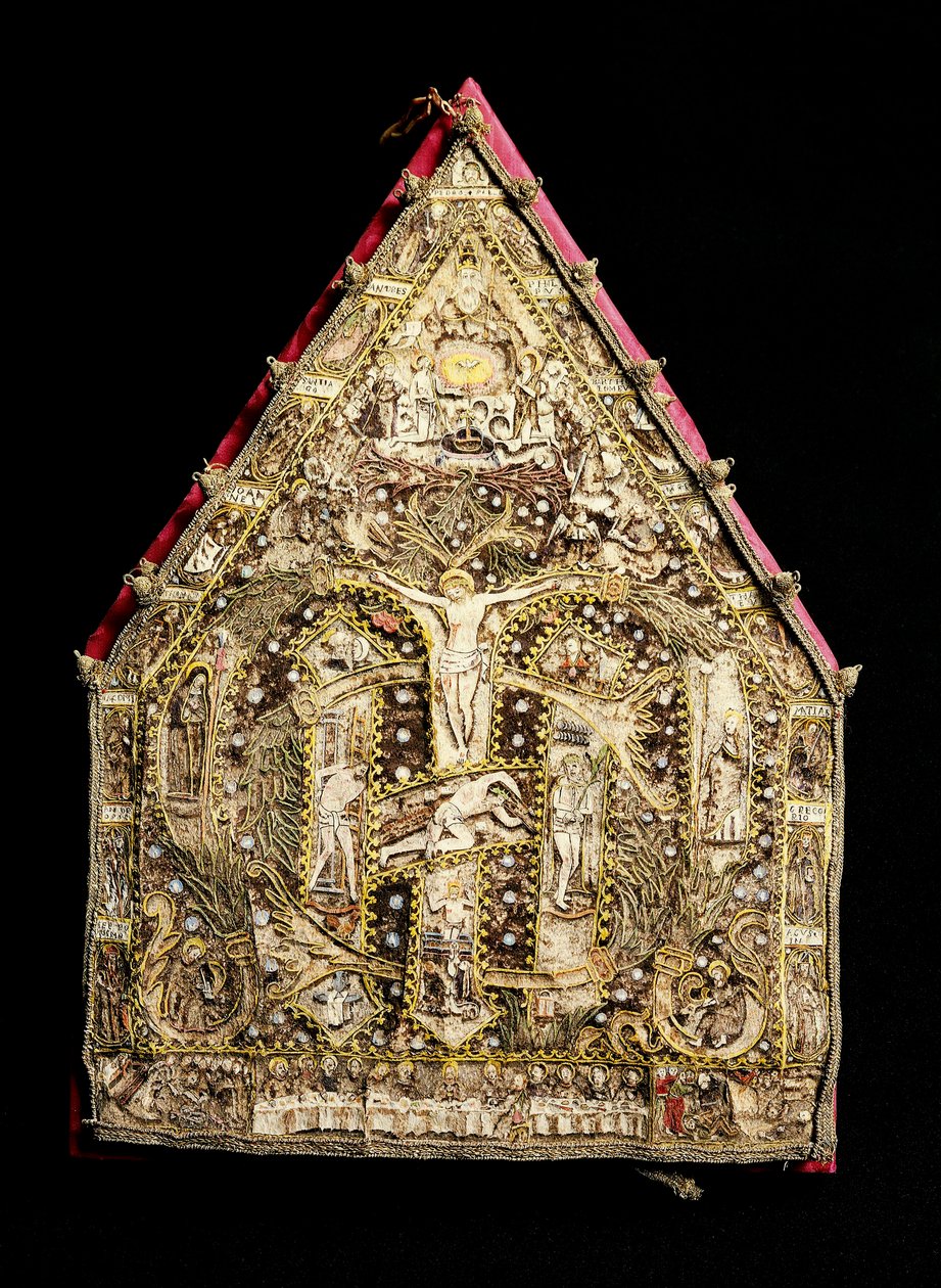 Mitra vescovile in oro decorata con mosaici di piume realizzati da missionari spagnoli in Messico da Spanish School