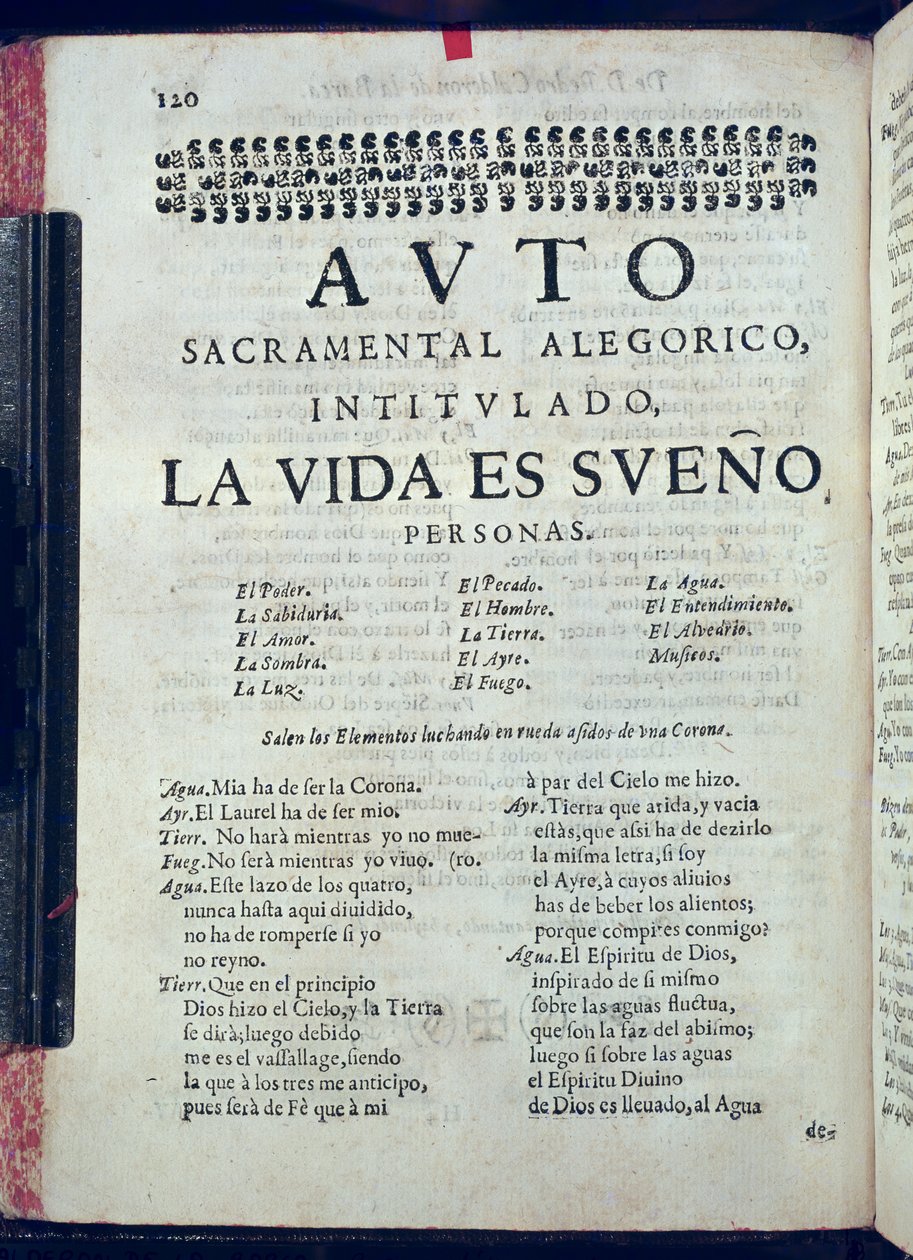 Prima pagina di La Vida es Sueno da Los Autos Sacramentales di Pedro Calderon de la Barca (1600-81) a cura di Juan Garcia Infanzon, 1690 da Spanish School