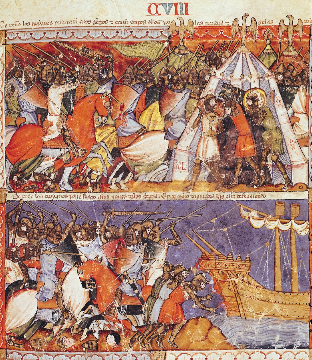 Fol.108r I Troiani invadono il campo greco e danno fuoco alle navi greche, dal Codice Benito de Santa Mora da Spanish School