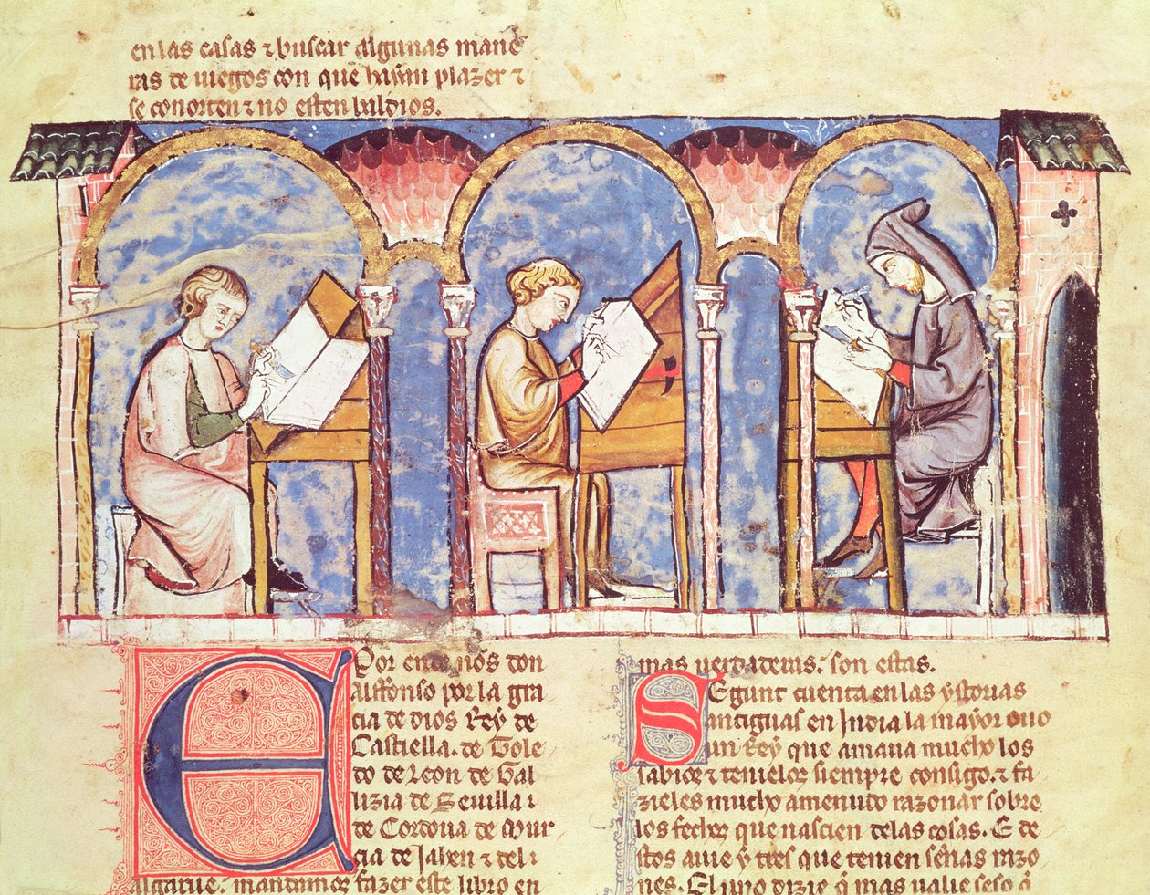 Fol.1v Costruttori di tavoli da gioco, dal Libro dei giochi, scacchi, dadi e tavole, 1282 da Spanish School