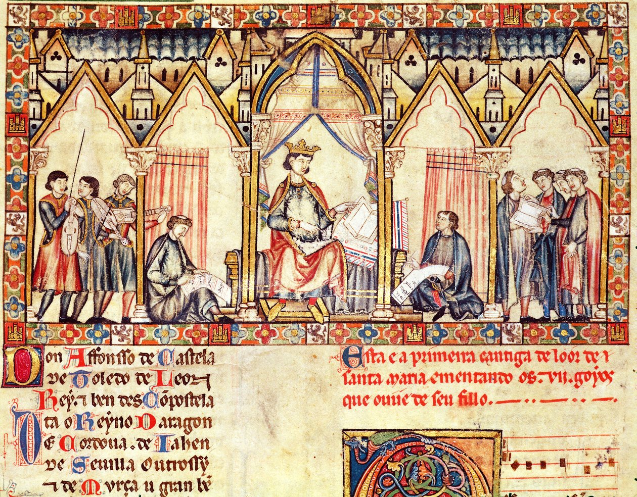 La corte di Alfonso X il Saggio, miniatura dalle Cantigas de Santa Maria da Spanish School