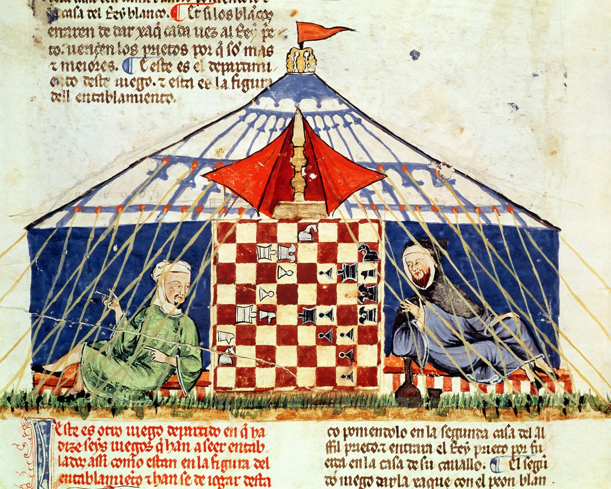 Fol.62v Due arabi che giocano a scacchi in una tenda, dal Libro dei Giochi, Scacchi, Dadi e Tavole da Spanish School