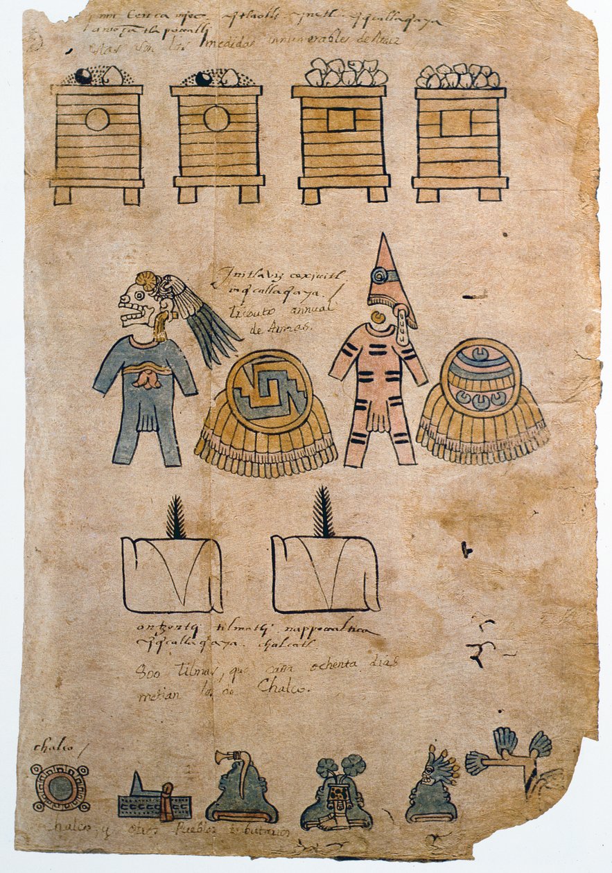 Folio 45 Pagina dal Codice Mendoza con illustrazioni del tributo pagato all