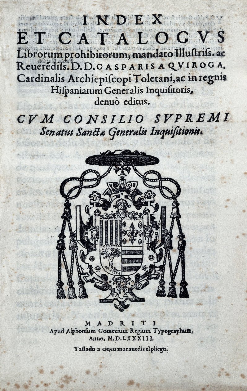 Frontespizio di "Index e catalogus librorum prohibitorum", indice dei libri proibiti dall