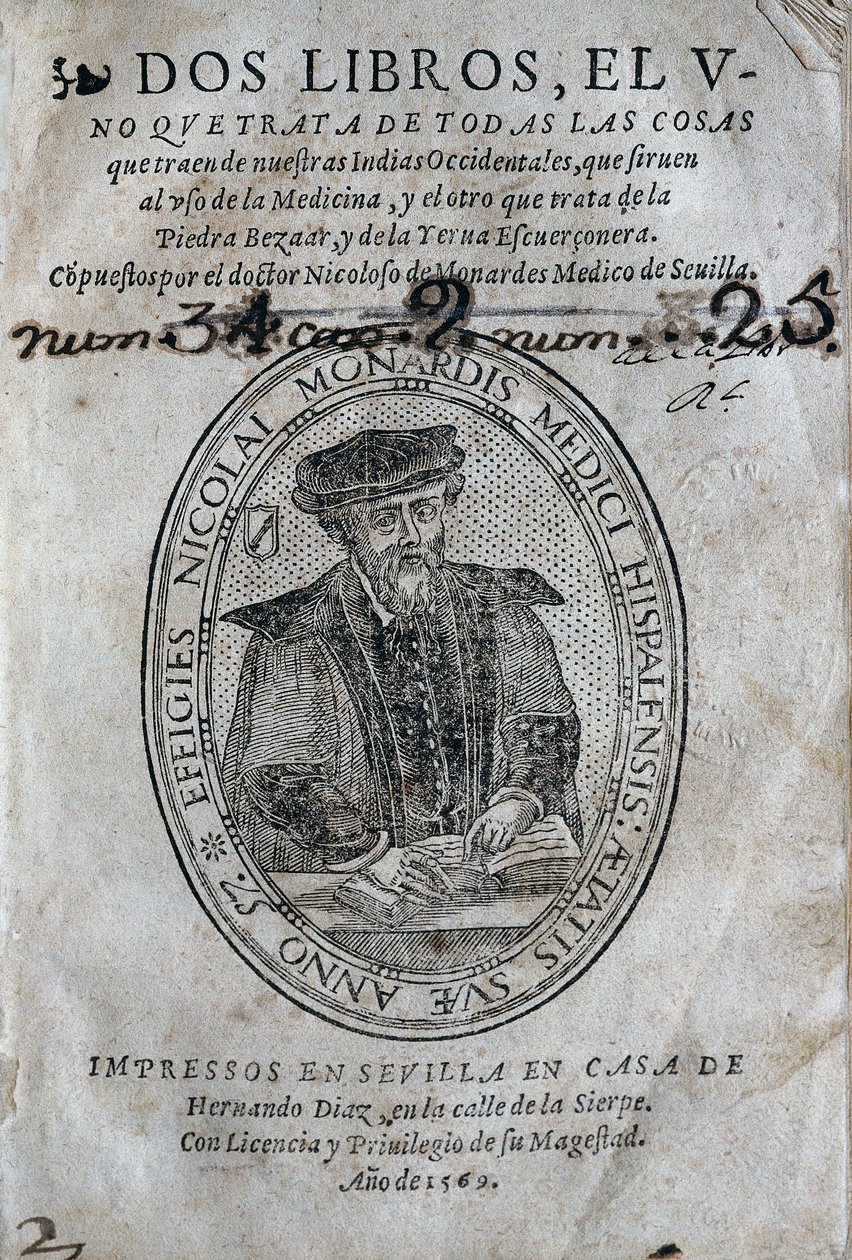 Frontespizio, con il ritratto di Nicolas Monardes (1493-1588) di un libro di medicina delle isole dei Caraibi spagnoli e usi del bezoar (antiveleno). Opera di Nicolas Monardes, edizione 1569, di Hernando Diaz, a Siviglia. Biblioteca Universitaria di Sivigl da Spanish School