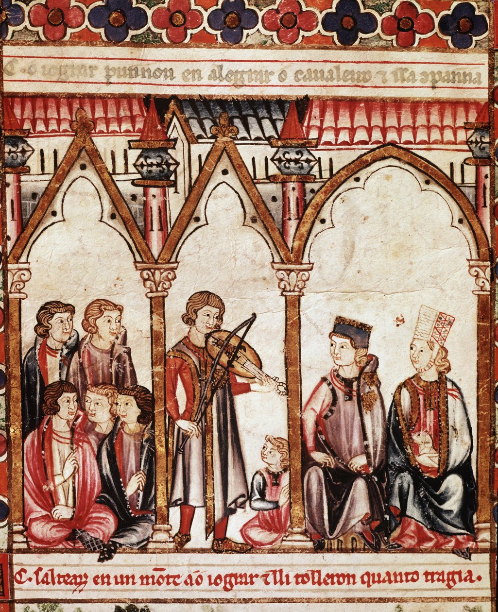 Gruppo di trovatori, illustrazione dalle Cantigas de Santa Maria, realizzata sotto la direzione di Alfonso X da Spanish School