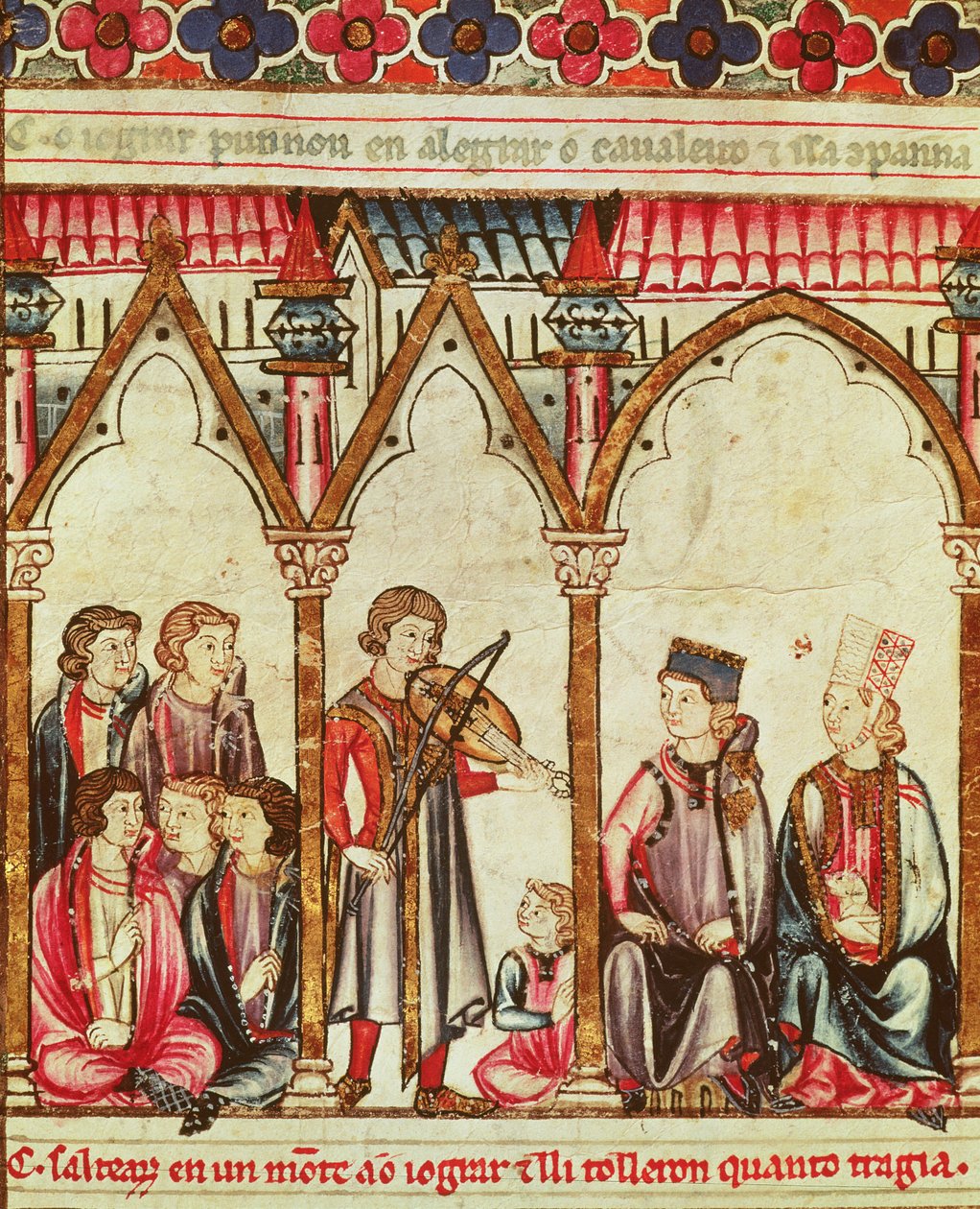 Gruppo di trovatori, illustrazione dalle Cantigas de Santa Maria, realizzata sotto la direzione di Alfonso X (Il Saggio) re di Castiglia e León (1221-84) da Spanish School