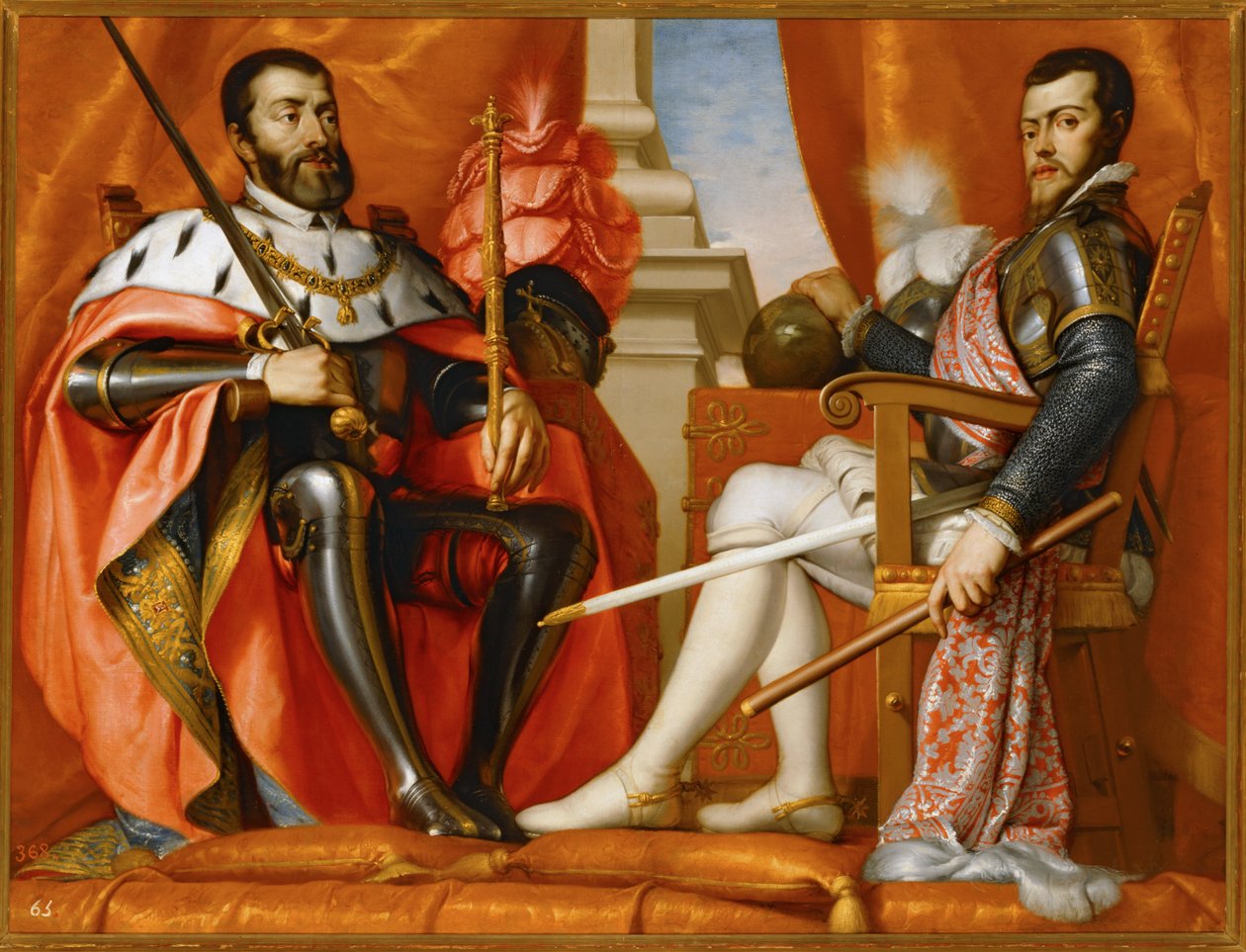 Karl V con il figlio Philipp II ... (dipinto su tela) da Spanish School