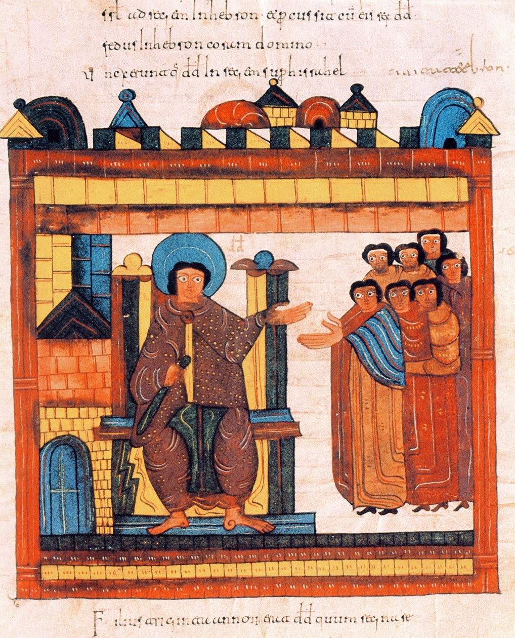 Re Davide seduto sul suo trono e circondato dalla sua corte, dalla Bibbia Visigota-Mozarabica di San Isidoro, fol.126r., A.D. 960 da Spanish School