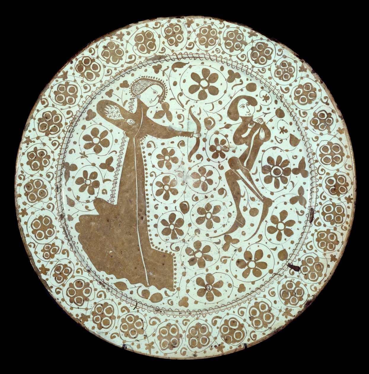 Donna che tira un arco su un giovane il cui collo è attraversato da una freccia (piatto in maiolica) da Spanish School