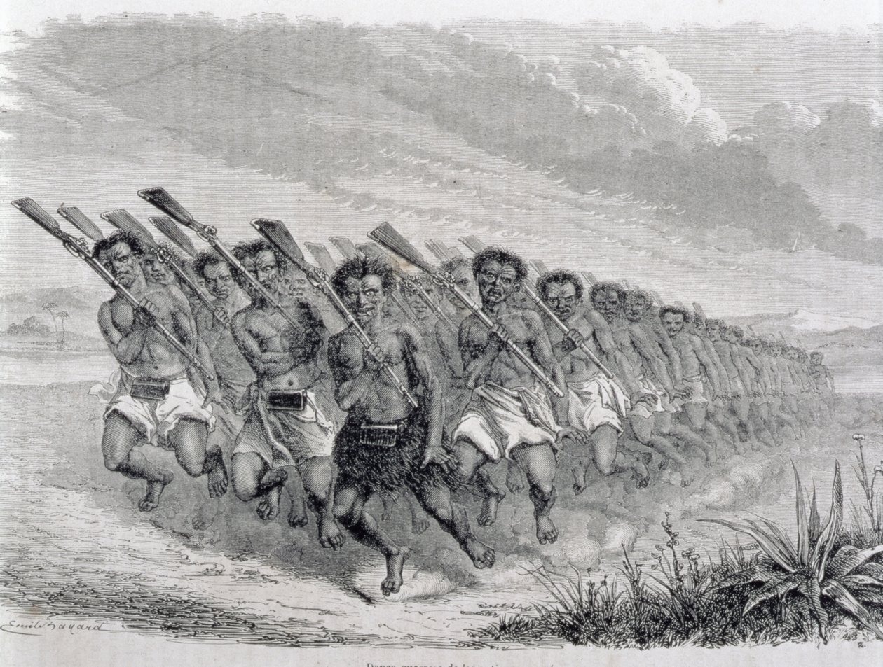Guerrieri Maori che eseguono una danza di guerra, illustrazione da 