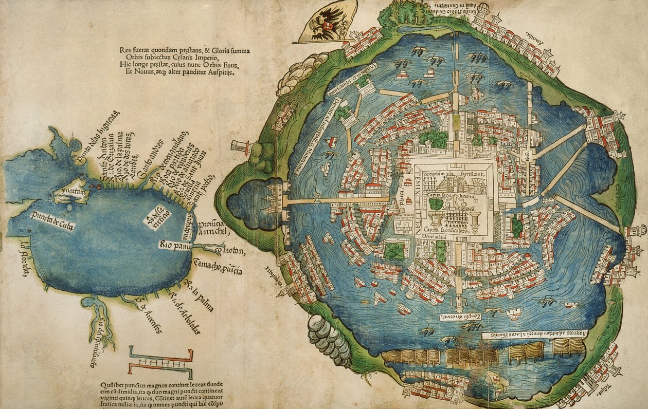 Mappa di Tenochtitlan e del Golfo del Messico, da Praeclara Ferdinadi Cortesii de Nova maris Oceani Hyspania Narratio di Hernando Cortes, 1524 da Spanish School