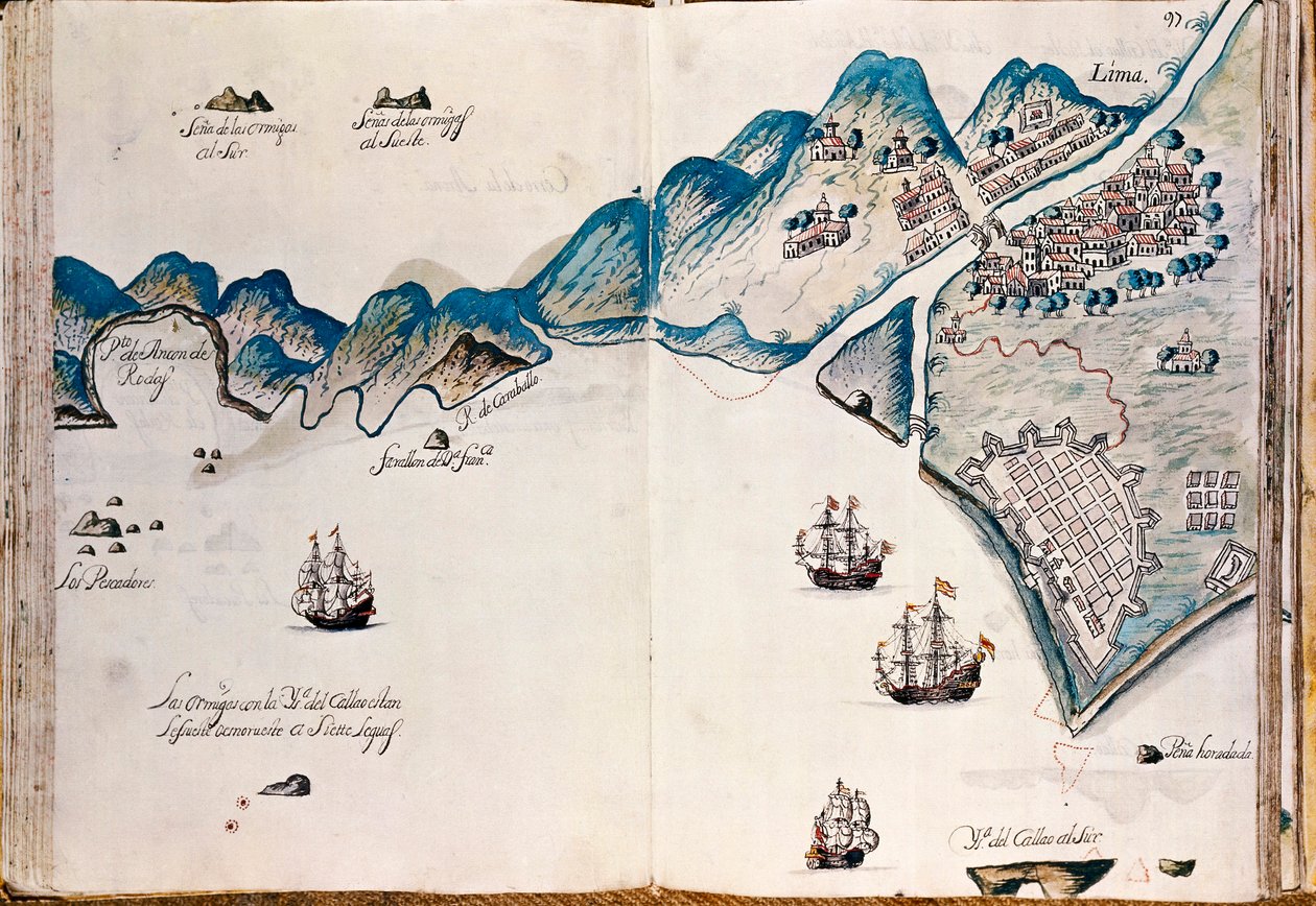 Mappa di parte della Nuova Spagna, la costa del Perù e la città di Lima, da "Mapas de las costas de América en el mar del Sur, desde la última población de españoles en ellas, que es la ciudad de Compostela, en adelante" da Spanish School