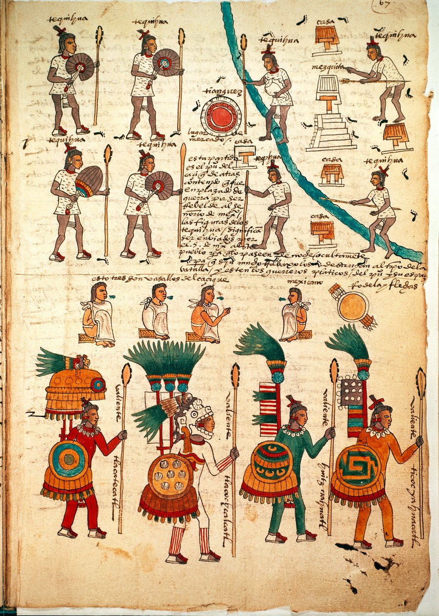 Pagina dal Codice Mendoza che mostra guerrieri aztechi armati di lance e scudi, c.1541-42 da Spanish School