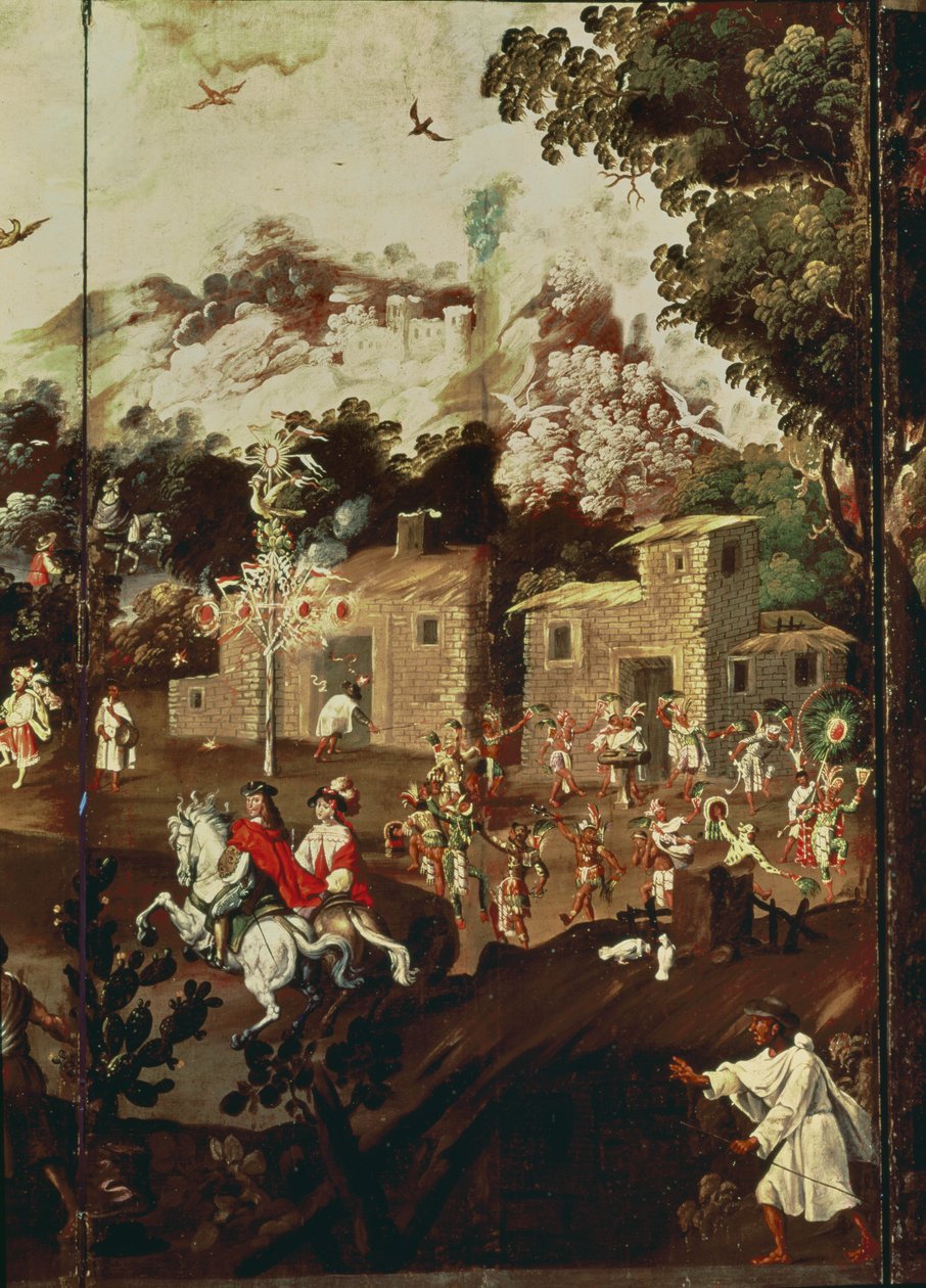 Pannello di un paravento pieghevole che raffigura una serie di case di pietra con indiani che danzano in celebrazione da Spanish School