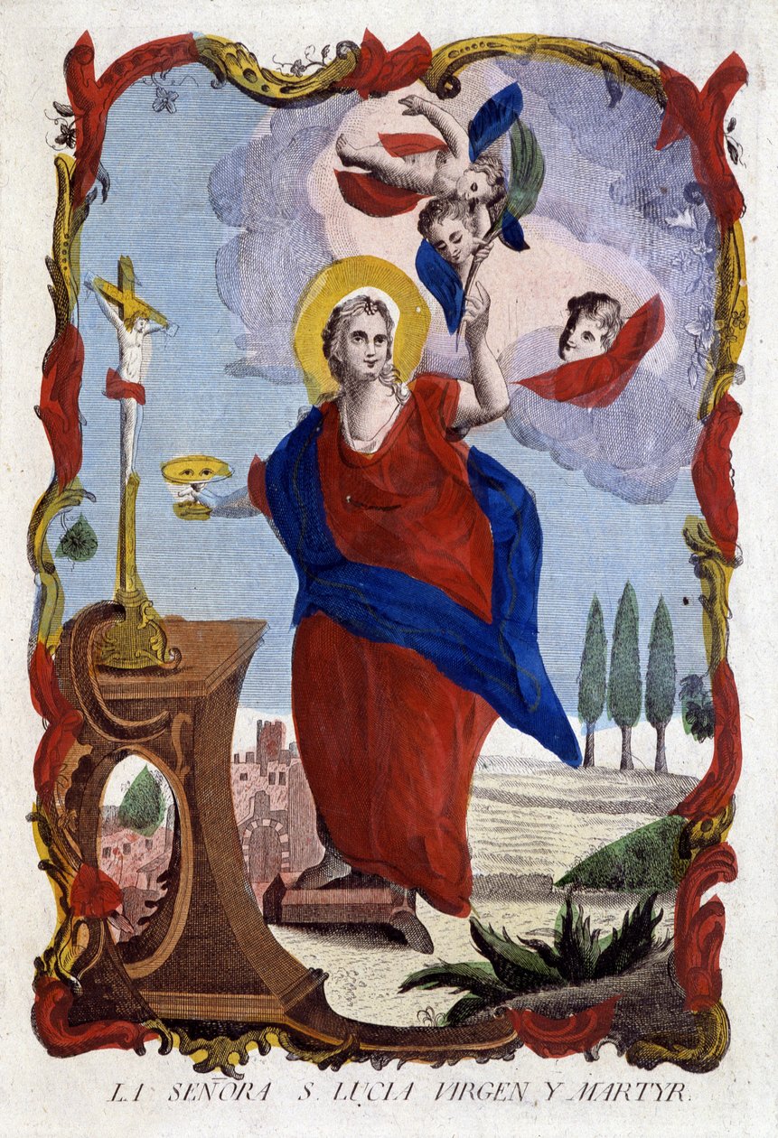 Ritratto di Santa Lucia (occhi su un piatto e palma del martirio) - incisione spagnola da Spanish School