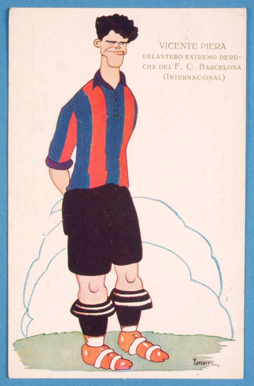 Cartolina che raffigura una caricatura del calciatore spagnolo Vicente Piera del Barcellona da Spanish School