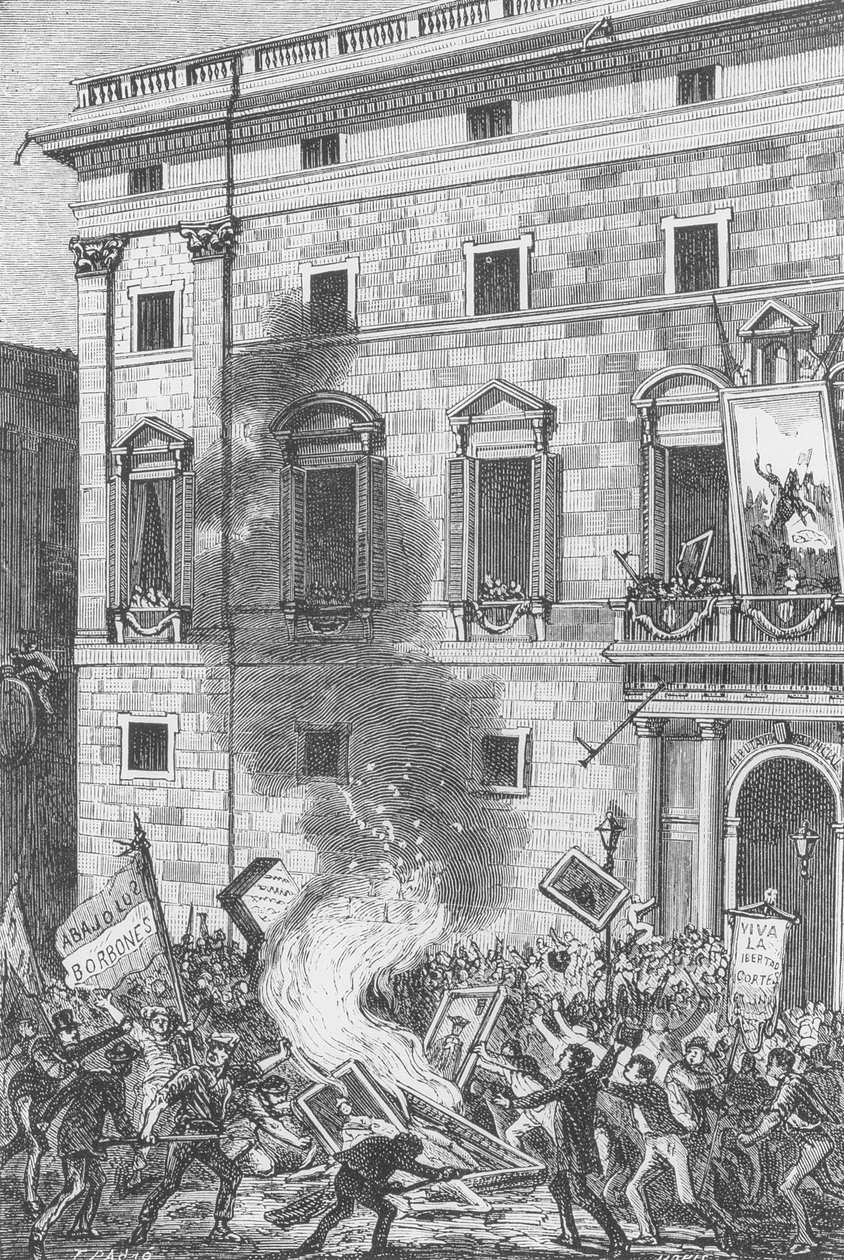 Il popolo di Barcellona brucia ritratti dei Borboni, 1868 da Spanish School