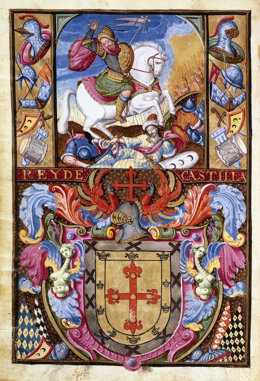 San Giacomo su un cavallo bianco che cavalca sui cadaveri dei Mori e lo stemma della famiglia Gomez, 1606 da Spanish School