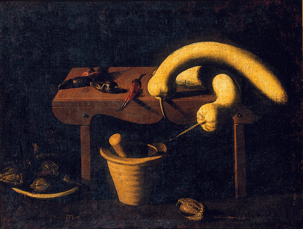 Natura morta con peperoni e zucche su una panca con mortaio e pestello e uccelli morti, c.1620 da Spanish School