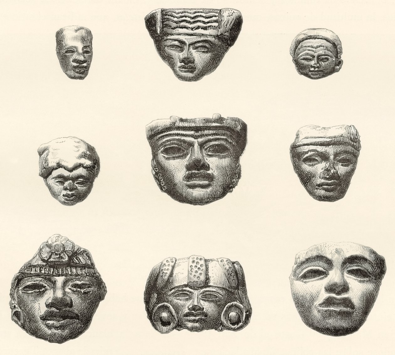 Teste di pietra e maschere trovate a Teotihuacan, Messico da Desiré Charnay durante la sua spedizione nel 1880-1883 da Spanish School