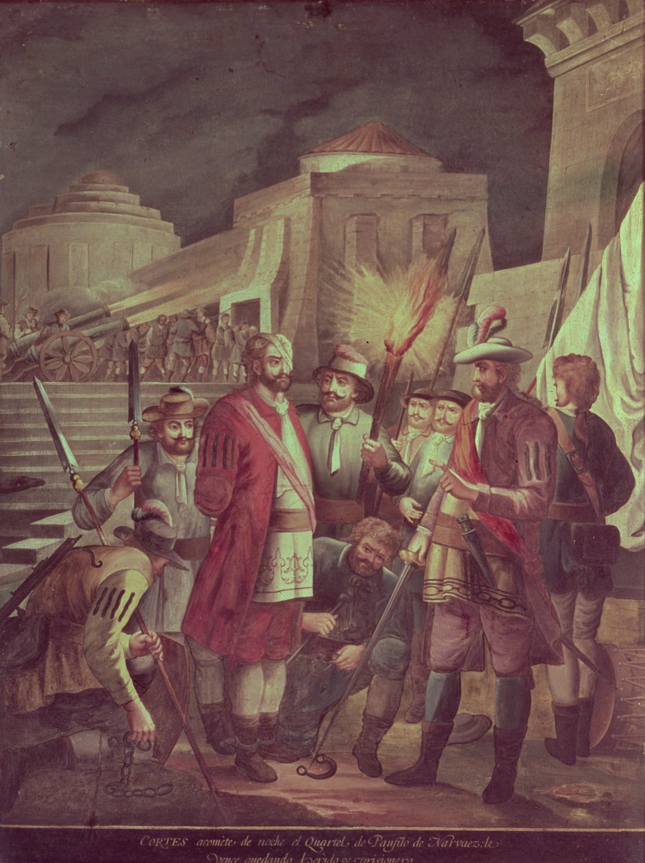 La Conquista del Messico: Hernando Cortes (1485-1547) Attacca il Distretto di Panfilo Narvaez di Notte da Spanish School