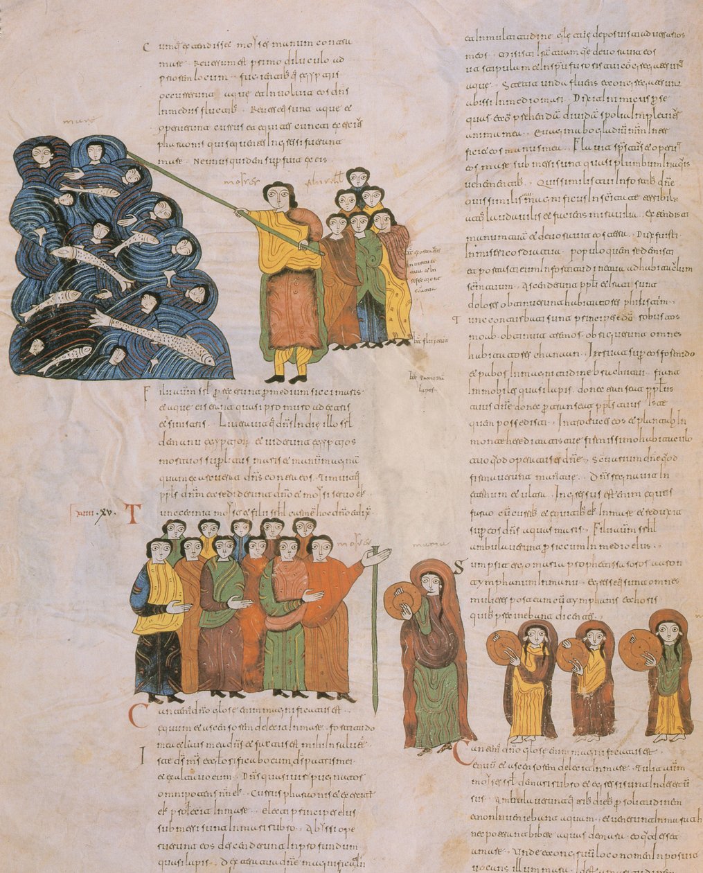 Il passaggio del Mar Rosso e la danza delle donne ebree al suono dei tamburelli di Mosè e dei suoi accompagnatori, dalla Bibbia Visigota-Mozarabica di San Isidoro, fol.39., A.D. 960 da Spanish School