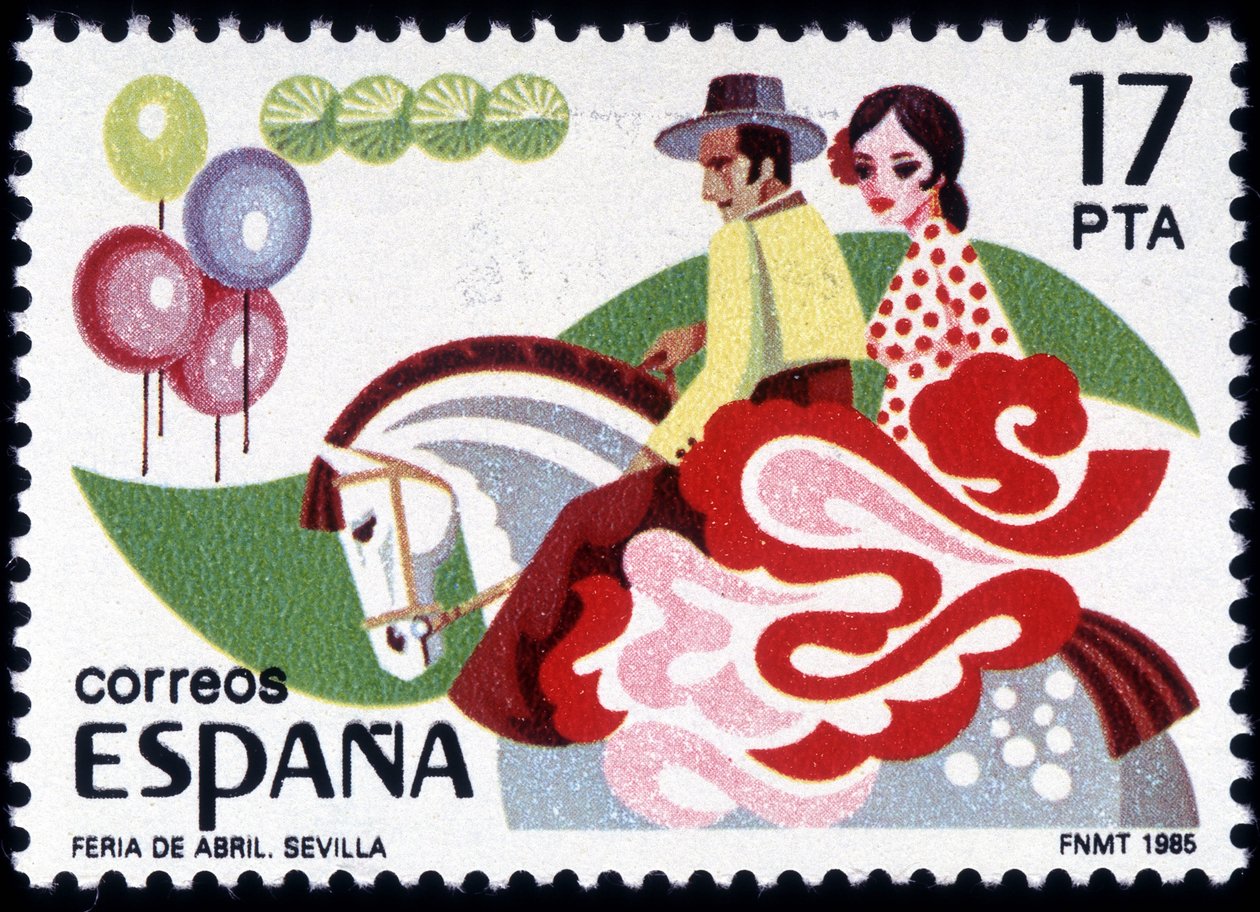 La Feria di Siviglia: coppia in costume tradizionale a cavallo - francobollo spagnolo da Spanish School