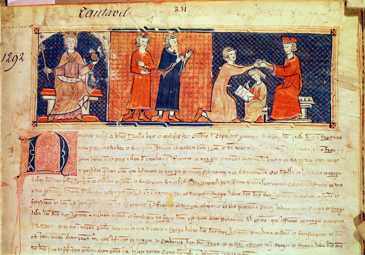Il signore feudale predica il suo sermone davanti al re di Maiorca, Giacomo I (1207-76) dal Capbreu de Clayra et de Millas, 1292 da Spanish School