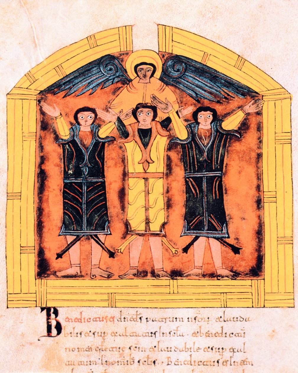 I tre ebrei, Shadrach, Meshach e Abed-nego gettati nella fornace da Nabucodonosor, fol.318v, dalla Bibbia visigotico-mozarabica di San Isidoro, A.D. 960 da Spanish School