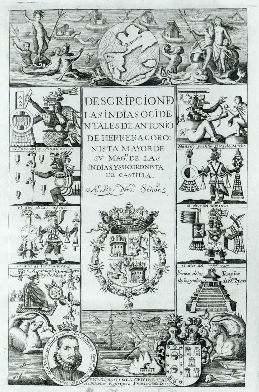 Pagina del titolo di Descrizione delle Indie Occidentali di Antonio de Herrera y Tordesillas, edizione di Madrid, 1725 da Spanish School