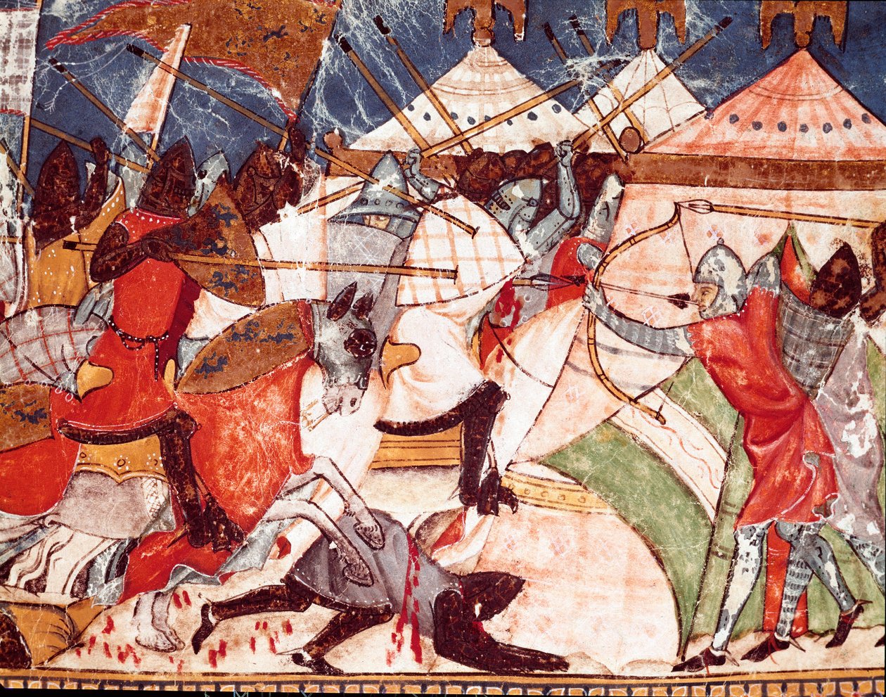 Guerra di Troia: i Troiani invadono il campo militare dei guerrieri greci. Dettaglio di una miniatura dal manoscritto spagnolo 