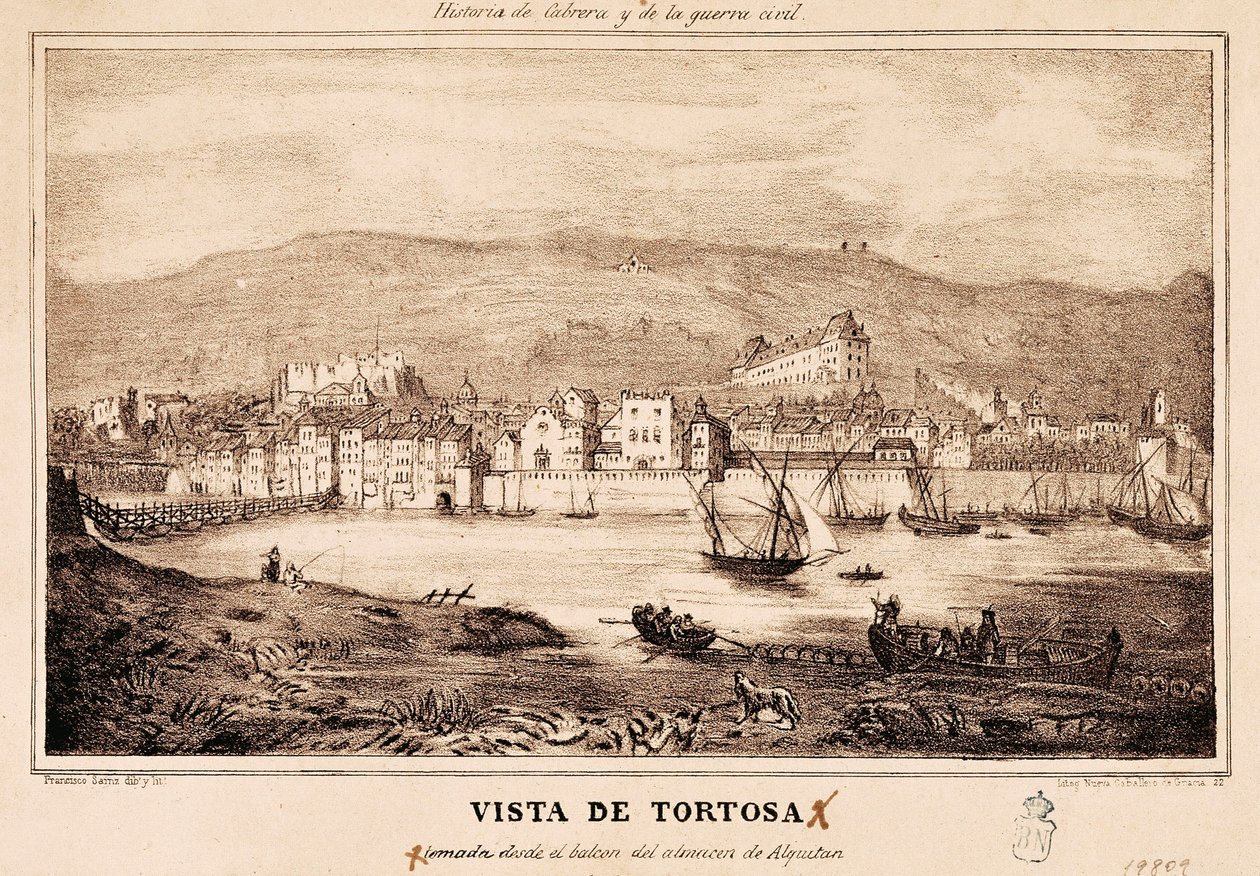Veduta della città di Tortosa in Spagna, in "Historia de Cabrera y de la Guerra Civil" di Damaso Calbo y Rochina de Castro da Spanish School
