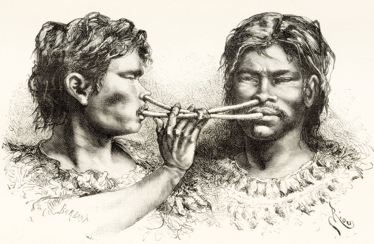 Indiani Witoto o Huitoto, popolo indigeno del sud-est della Colombia e del nord del Perù, che prendono tabacco da fiuto da Spanish School