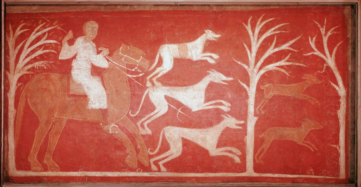 Scena di caccia che raffigura cani che inseguono la selvaggina, 1150. Affresco dall