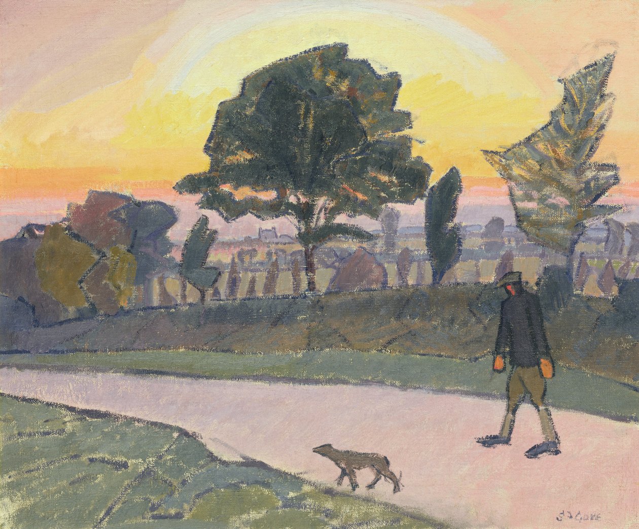 Tramonto, Letchworth, con uomo e cane da Spencer Frederick Gore