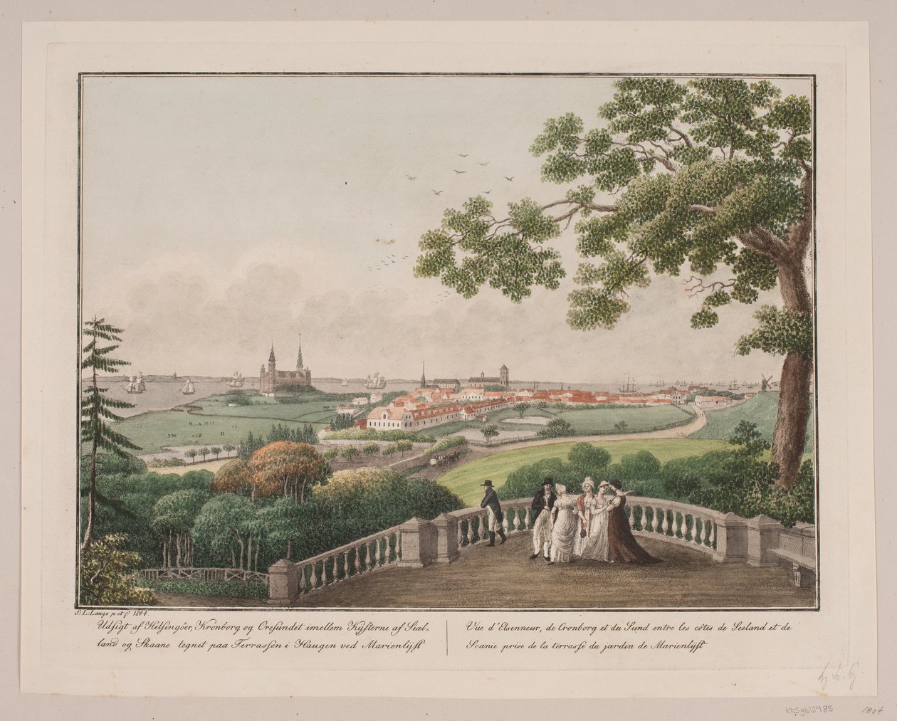 Veduta di Helsingør, Kronborg e Øresund tra le coste di Sjælland e Skåne. Disegnato sulla terrazza nel giardino di Marienlyst da Søren L. Lange