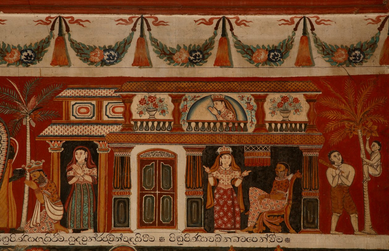 Dipinto murale che raffigura una casa singalese nel Tempio Subdharama, Dehiwala da Sri Lankan School