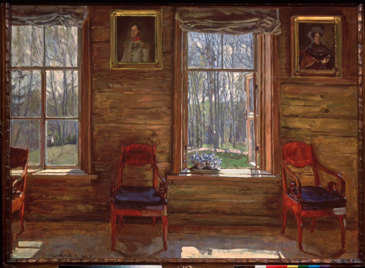 Maggio gioioso. (Vista di un bosco soleggiato, dalle finestre di una casa di campagna, decorata con ritratti dipinti e tende) da Stanislav Joulianovitch Joukovski