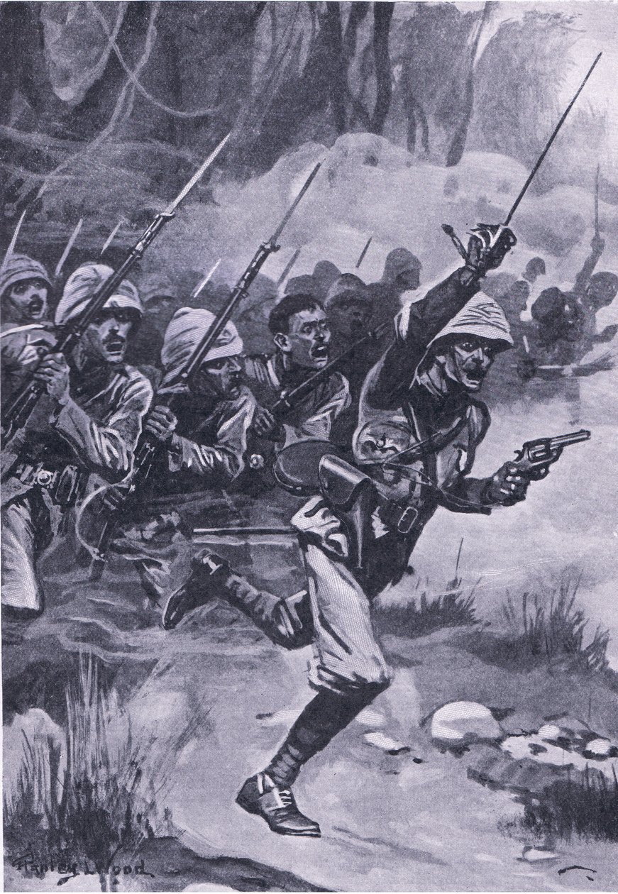 Carica britannica contro gli Ashanti ad Amoaful, 31 gennaio 1874, illustrazione da British Battles on Land and Sea, 1915 da Stanley L. Wood