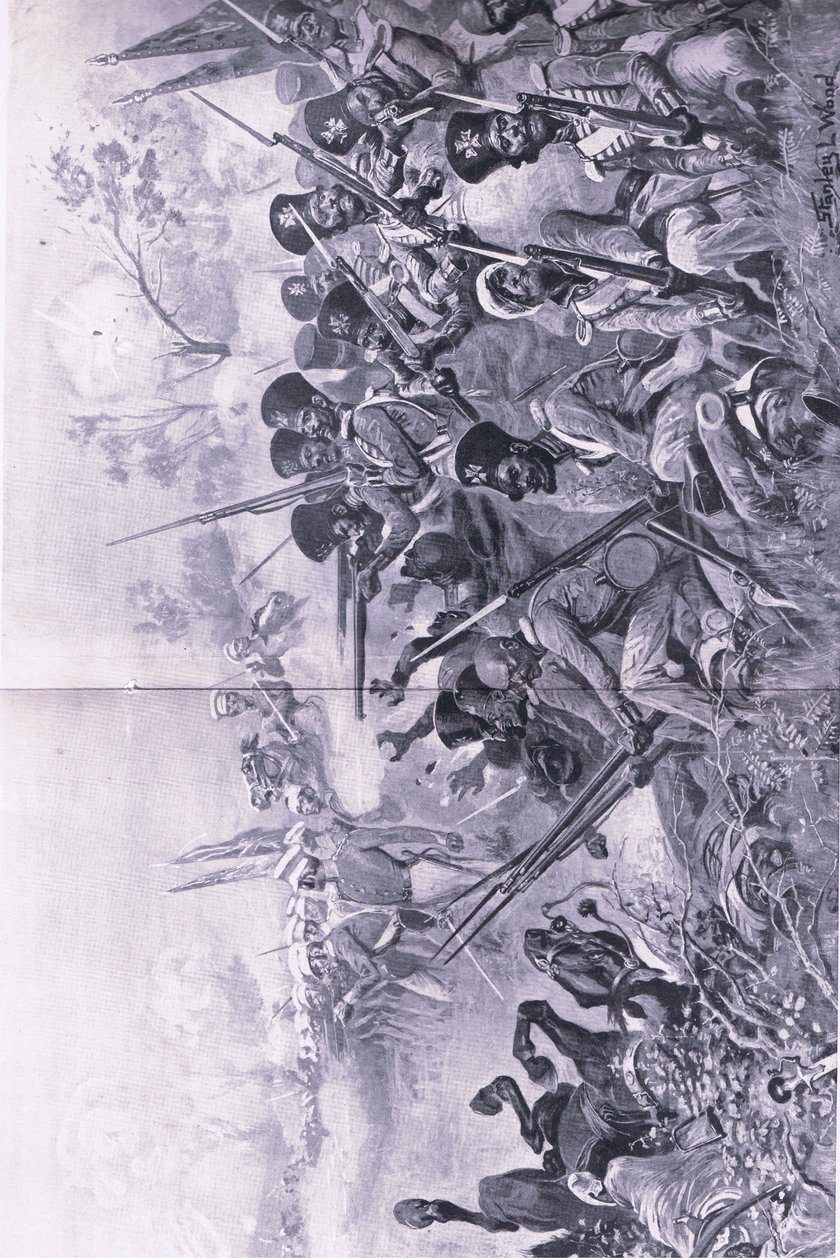 Chilianwala, 13 gennaio 1849: La Brigata di Goddy fa una resistenza eroica quando circondata dai Sikh, illustrazione da British Battles on Land and Sea, 1915 da Stanley L. Wood