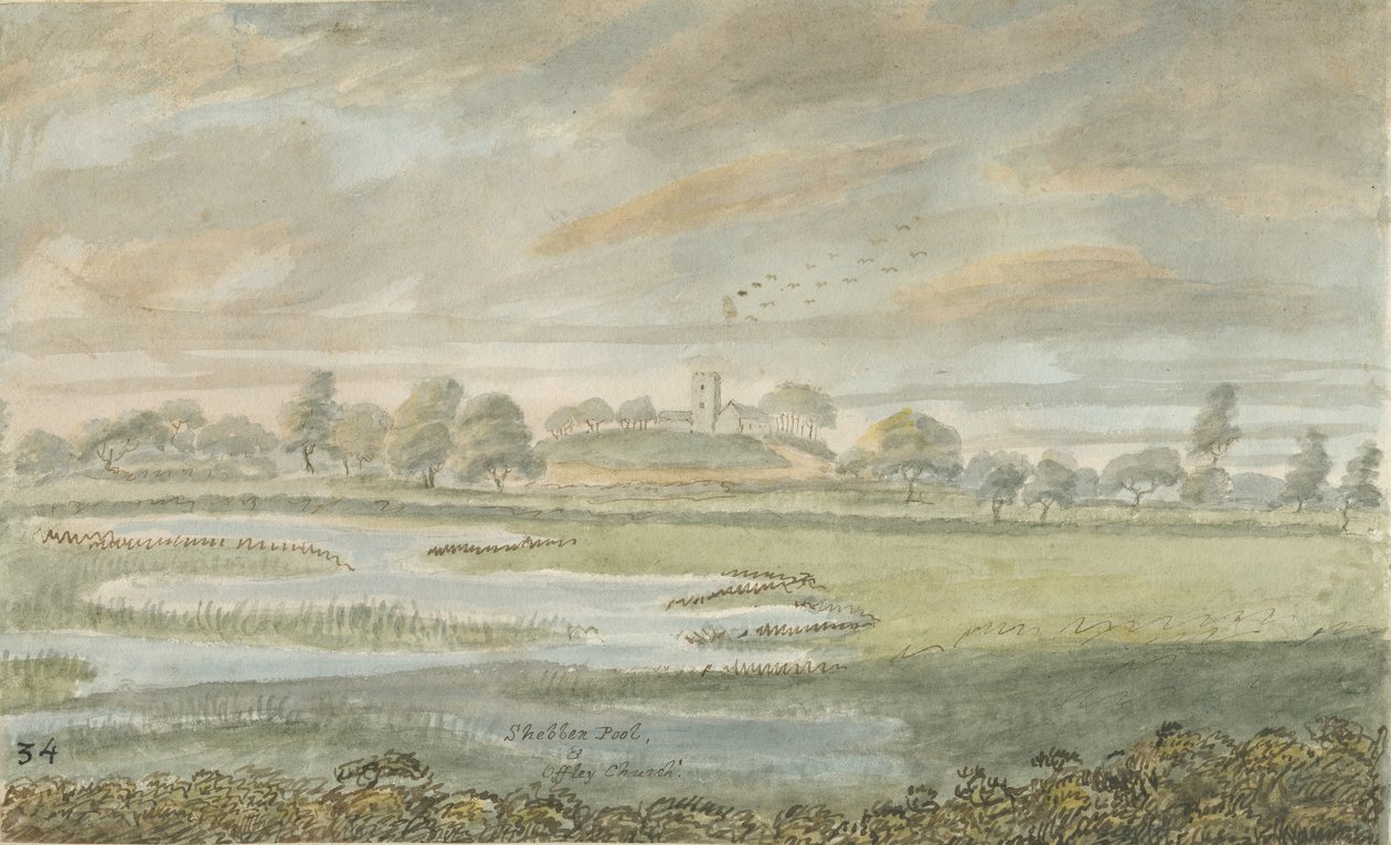 Chiesa di High Offley: acquerello, nd [1762-1802] da Stebbing Shaw