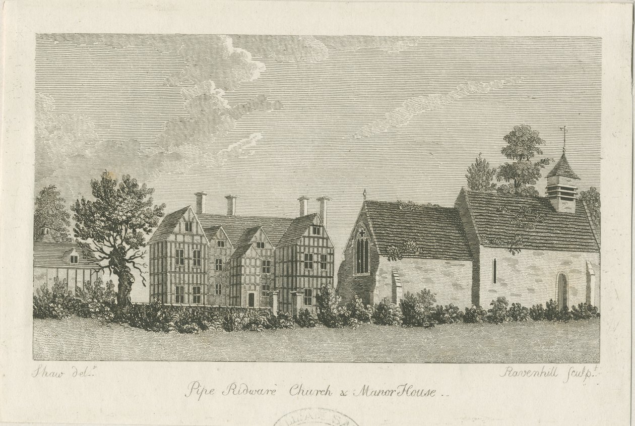 Chiesa e Manor House di Pipe Ridware: incisione da Stebbing Shaw