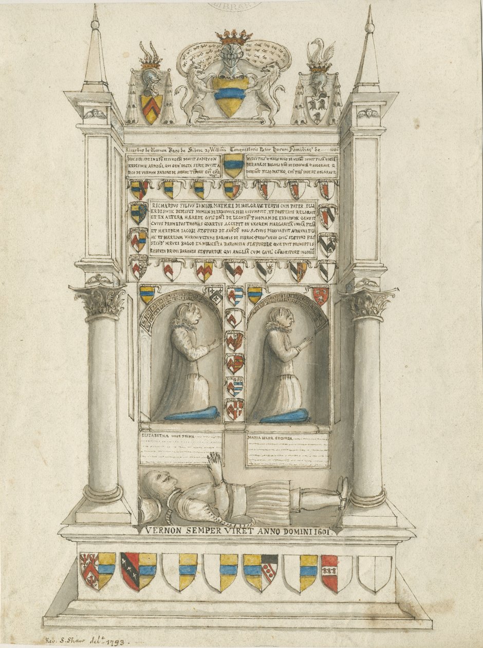 Chiesa di Sandon - Tomba di Sampson Erdeswicke: disegno a lavaggio di seppia da Stebbing Shaw