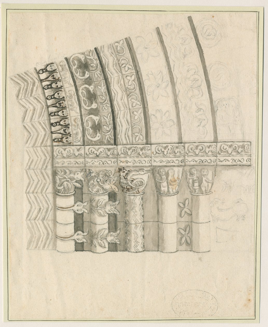 Chiesa Priorato di Tutbury - Portale Ovest: disegno a penna e seppia, nd [1762-1802] da Stebbing Shaw