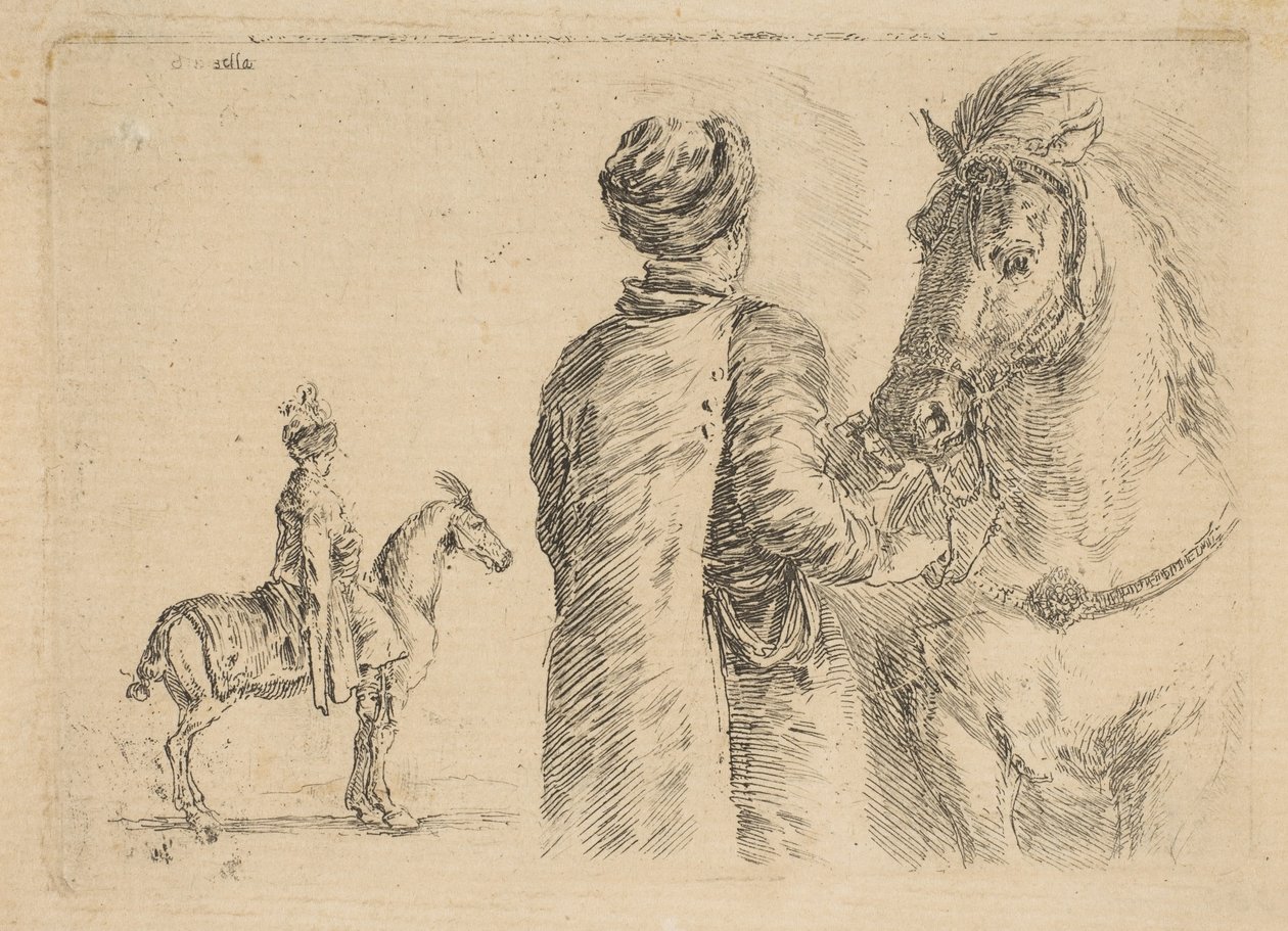 Un groom polacco, di spalle, che tiene un cavallo per le briglie da Stefano della Bella